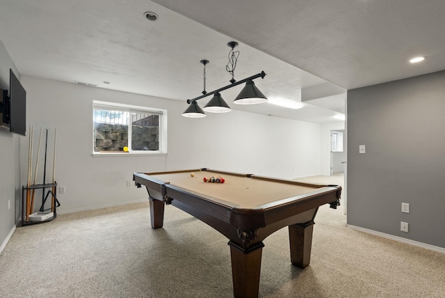 playroom with visible vents, baseboards, light colored carpet, and pool table