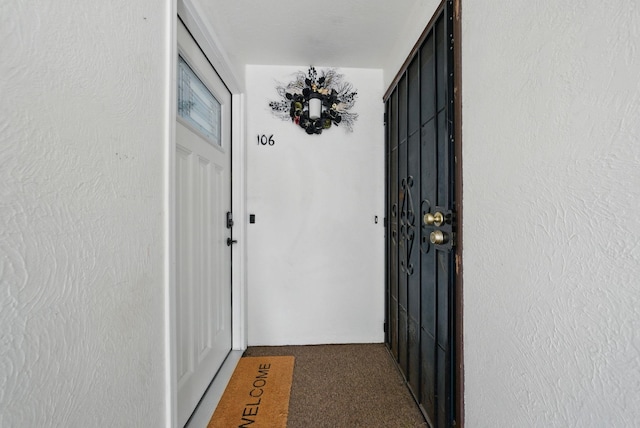 doorway featuring carpet flooring and a textured wall