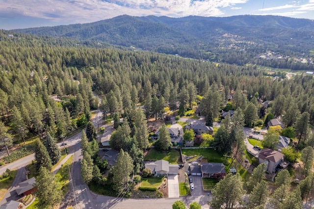 drone / aerial view with a mountain view and a forest view