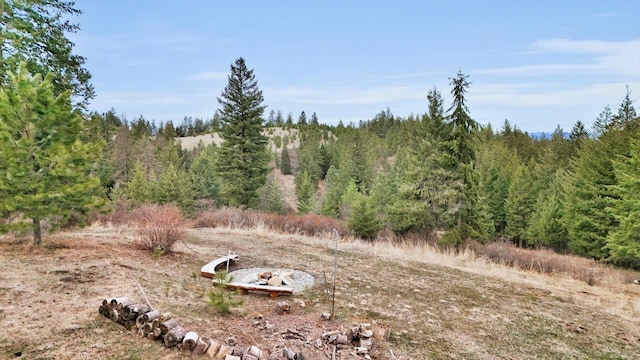 view of landscape featuring a forest view