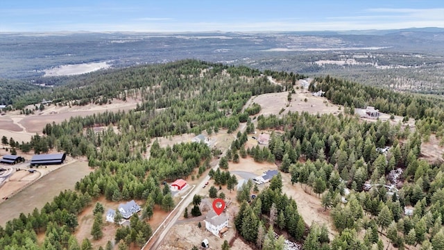 birds eye view of property with a mountain view and a forest view