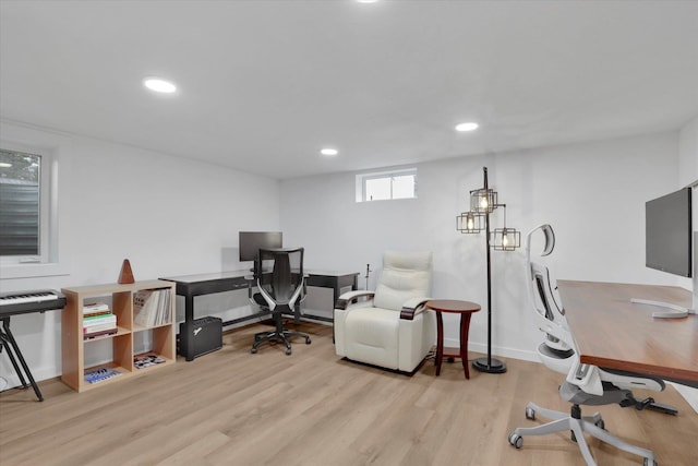 office area featuring recessed lighting, wood finished floors, and baseboards