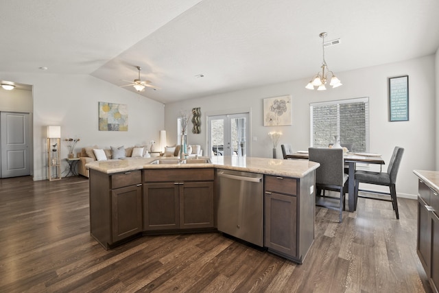 kitchen with visible vents, a sink, french doors, dishwasher, and ceiling fan with notable chandelier