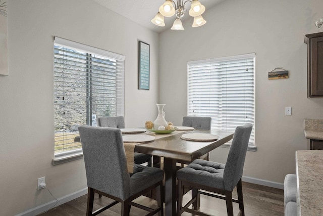 dining area with a chandelier, dark wood-style floors, and a wealth of natural light