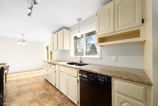 kitchen with decorative light fixtures, black dishwasher, stainless steel gas range, and a sink