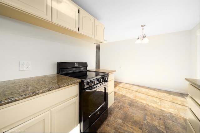 kitchen with black range with electric cooktop, baseboards, pendant lighting, a notable chandelier, and stone finish floor