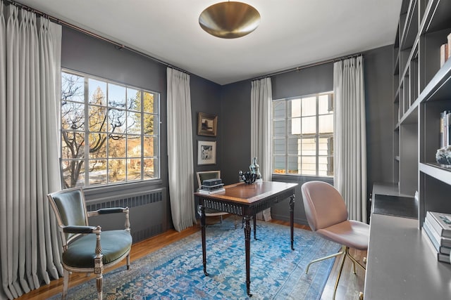 office area with a wealth of natural light, radiator, and wood finished floors