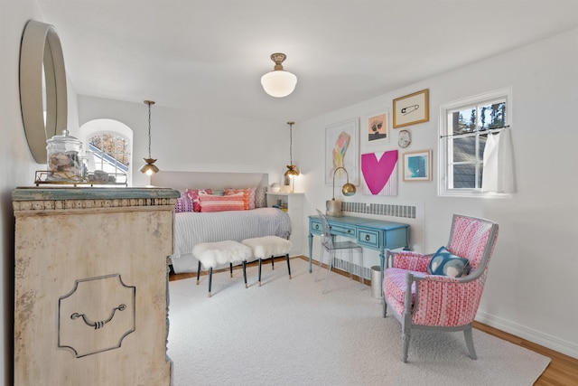 bedroom featuring baseboards, multiple windows, and wood finished floors