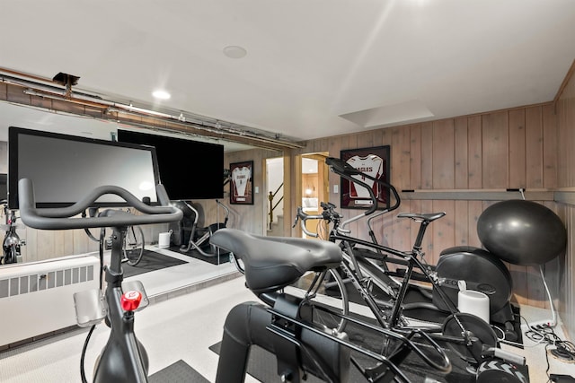 workout room with wooden walls