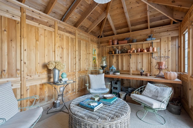 living area featuring wooden walls, wood ceiling, and lofted ceiling with beams