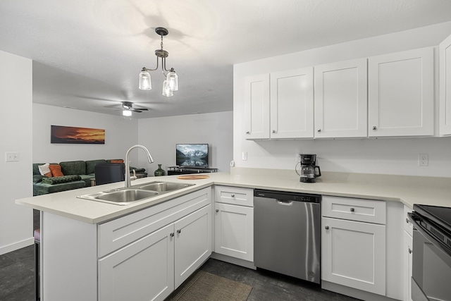 kitchen featuring open floor plan, a peninsula, stainless steel dishwasher, white cabinetry, and a sink