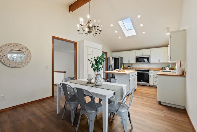 dining room featuring baseboards, high vaulted ceiling, light wood-style flooring, recessed lighting, and beamed ceiling