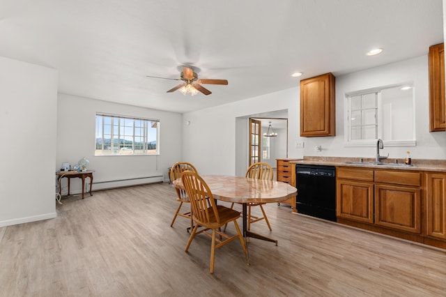 dining area featuring light wood-type flooring, a baseboard heating unit, recessed lighting, and ceiling fan with notable chandelier