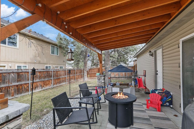 view of patio featuring a fire pit and a fenced backyard