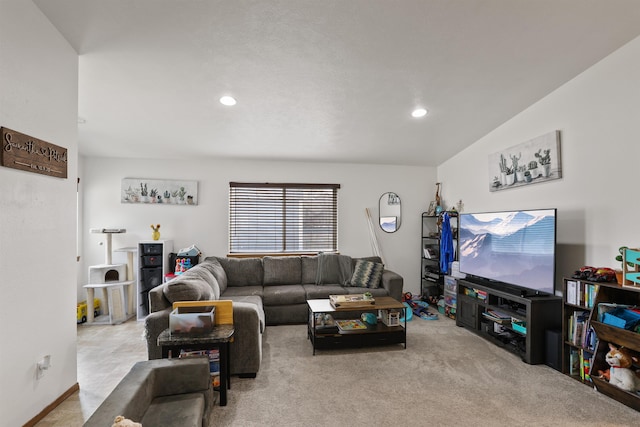 carpeted living room with recessed lighting