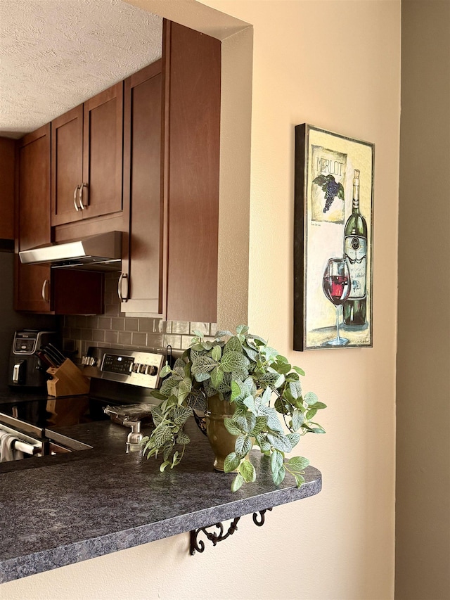 kitchen featuring under cabinet range hood, dark countertops, a textured ceiling, stainless steel electric range, and decorative backsplash