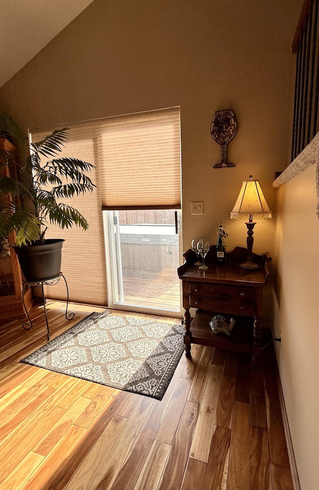 interior space with hardwood / wood-style floors, vaulted ceiling, and baseboards