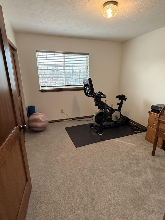 exercise room with carpet flooring and a textured ceiling