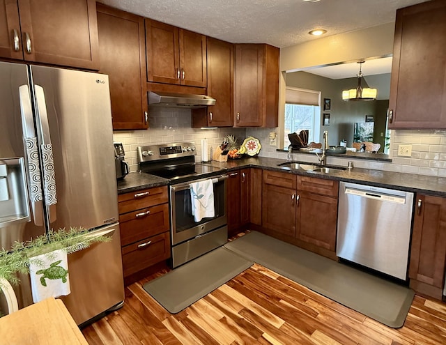 kitchen with a sink, under cabinet range hood, backsplash, light wood-style floors, and appliances with stainless steel finishes