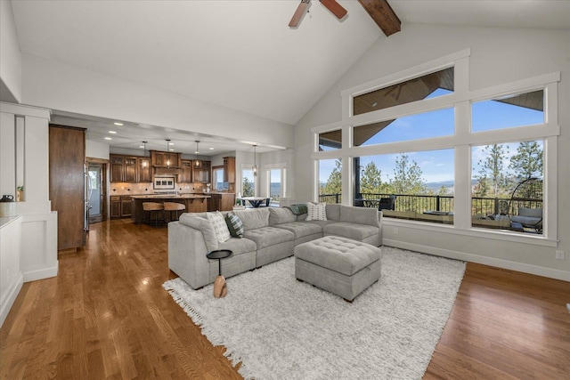 living area featuring beam ceiling, dark wood-style flooring, and a wealth of natural light