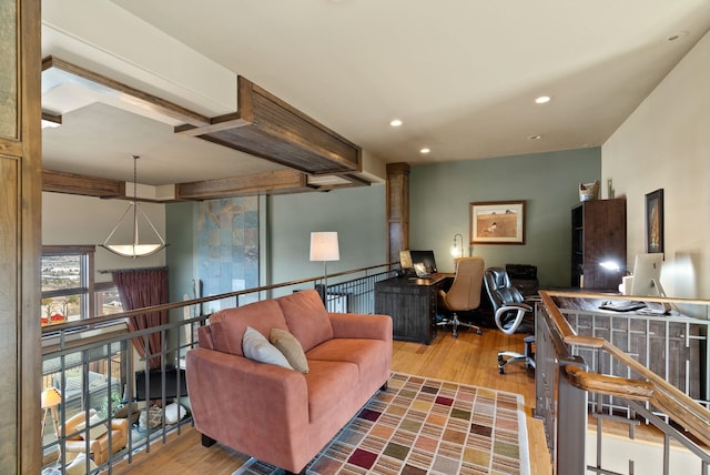 living room featuring recessed lighting and wood finished floors