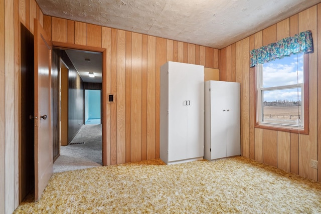 interior space with carpet flooring and wood walls