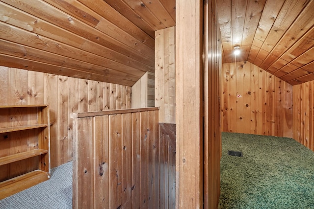 additional living space featuring lofted ceiling, wooden ceiling, carpet flooring, and wood walls