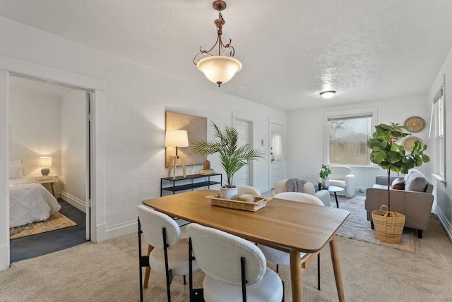 dining room with light carpet, a textured ceiling, and baseboards