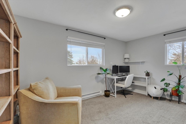 carpeted office space featuring baseboard heating