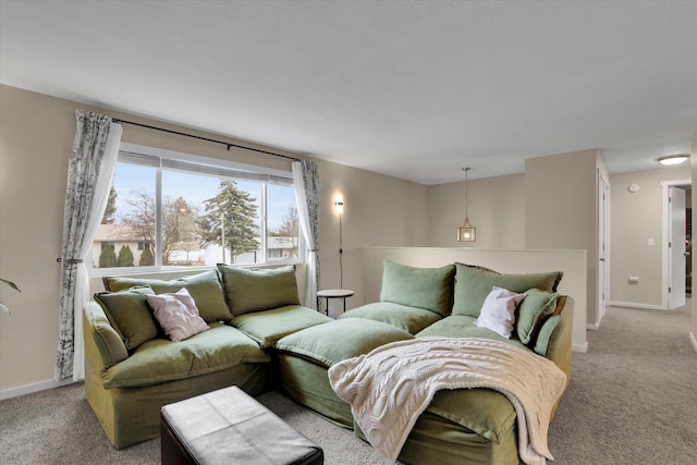 living area with carpet flooring and baseboards