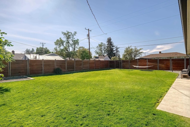 view of yard with a trampoline and a fenced backyard