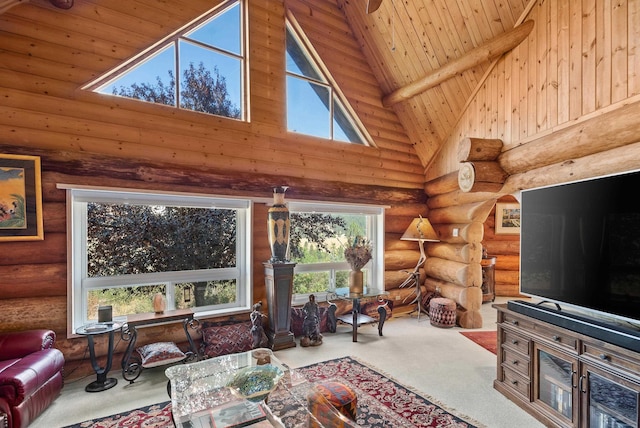 carpeted living room with wooden ceiling, high vaulted ceiling, and rustic walls