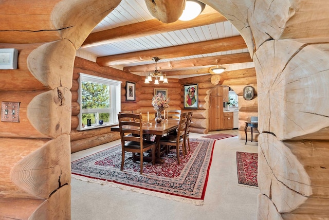 dining room with wooden ceiling, beamed ceiling, arched walkways, and rustic walls