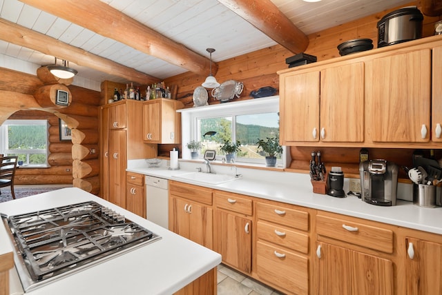 kitchen featuring stainless steel gas cooktop, beam ceiling, dishwasher, and wood ceiling