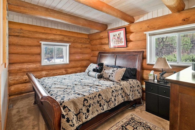 carpeted bedroom featuring rustic walls, beam ceiling, and wood ceiling