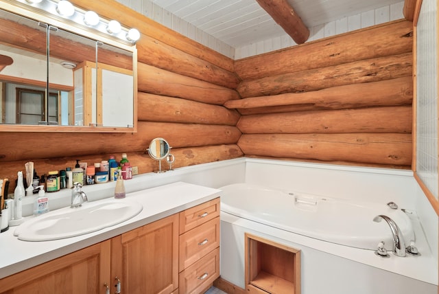 bathroom featuring beam ceiling, wooden ceiling, rustic walls, a bath, and vanity