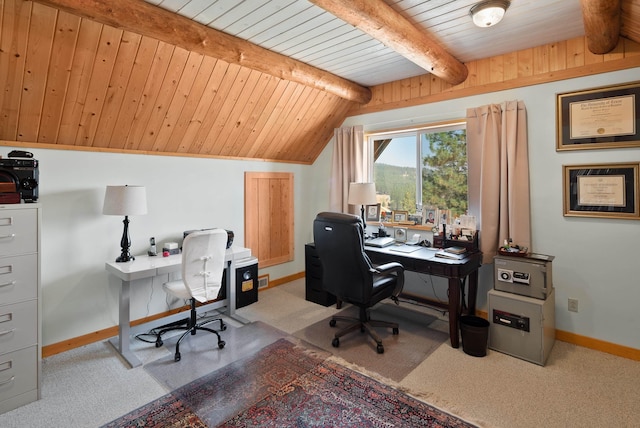 office space featuring wooden ceiling, vaulted ceiling with beams, baseboards, and light carpet