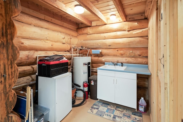 washroom with a sink, log walls, wooden ceiling, and water heater