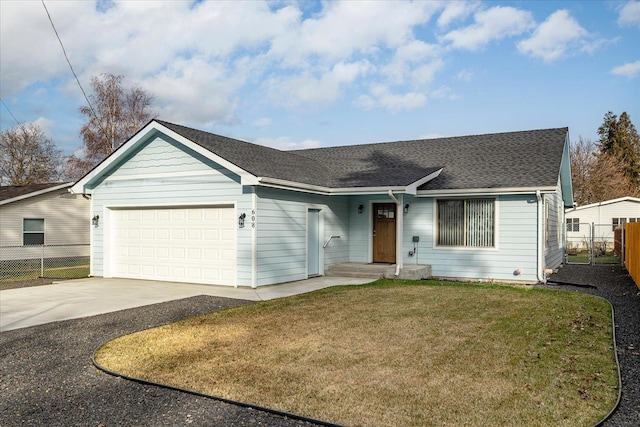 single story home with a front yard, fence, driveway, a shingled roof, and a garage