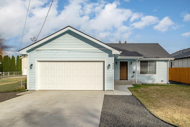 single story home with a front lawn, concrete driveway, a garage, and fence