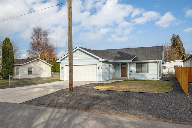 ranch-style house featuring an attached garage, a shingled roof, a front lawn, fence, and driveway