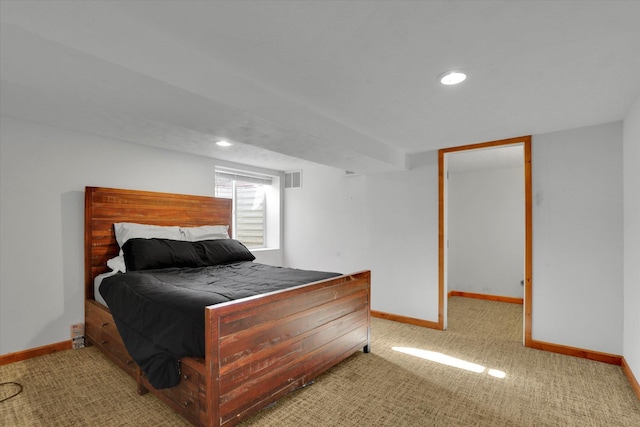 bedroom with recessed lighting, visible vents, baseboards, and carpet flooring