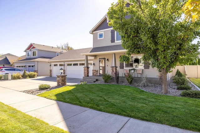 view of front of home featuring driveway, a porch, fence, a front yard, and a garage