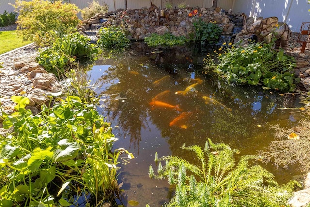 view of water feature featuring a garden pond