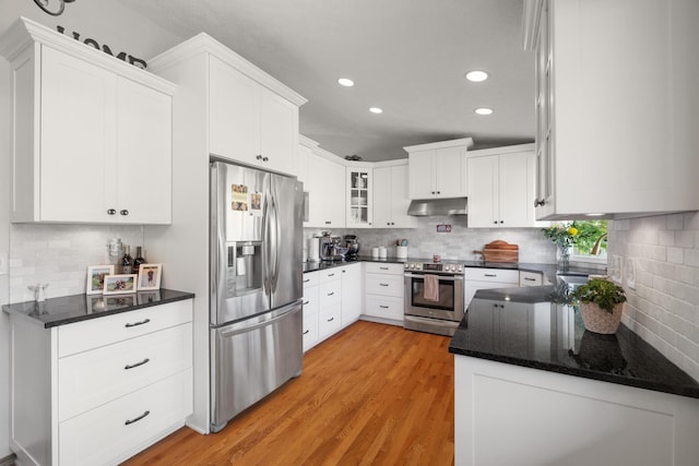 kitchen with under cabinet range hood, appliances with stainless steel finishes, light wood-style flooring, and white cabinets