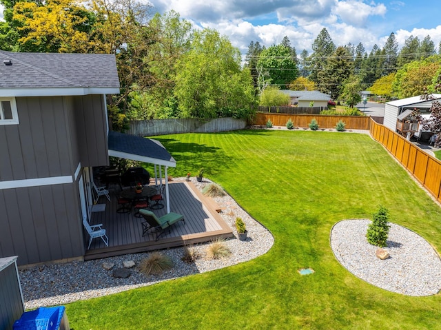 view of yard with a wooden deck and a fenced backyard