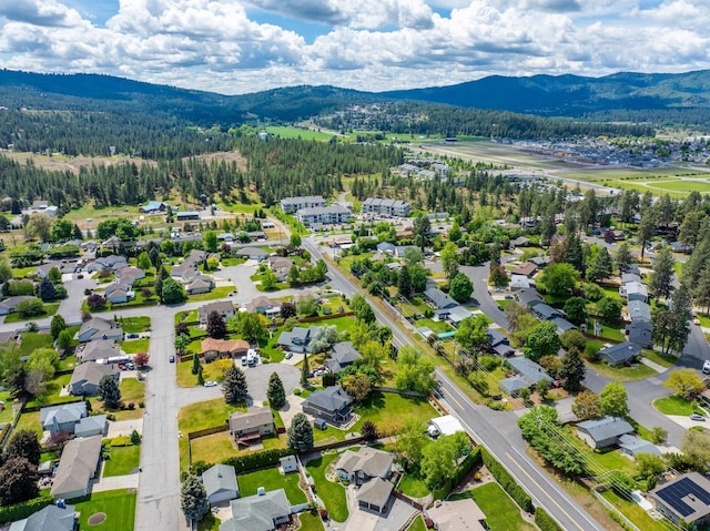 aerial view with a mountain view and a view of trees