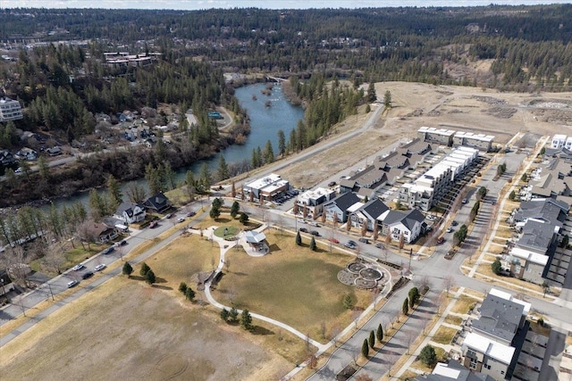 bird's eye view with a forest view and a water view