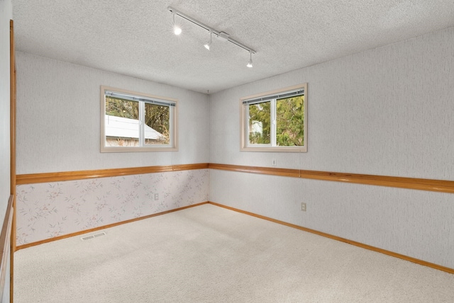 spare room with visible vents, a healthy amount of sunlight, a textured ceiling, and carpet