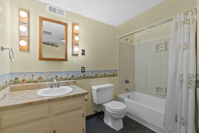 bathroom with visible vents, vanity, a textured ceiling, and shower / tub combo with curtain